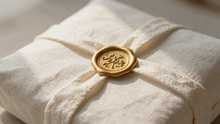 Close-up of a beautifully packaged linen parcel, textured cream paper, gold wax seal, soft morning shadows.