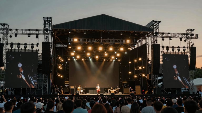 Wide panoramic shot of a massive outdoor concert stage under dramatic lighting at dusk, professional structural staging, detailed sound and light equipment, rich dark tones with gold accents, cinematic event photography, 35mm.