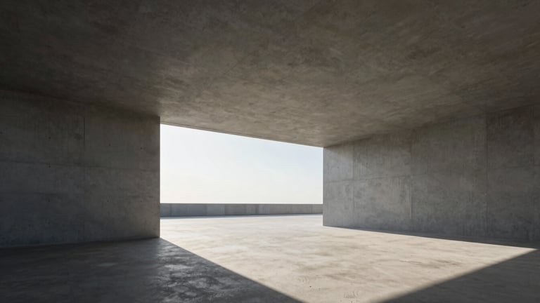 Wide panoramic shot of a minimalist architectural pathway leading toward a sharp horizon line, high-contrast morning light, clean concrete structures.