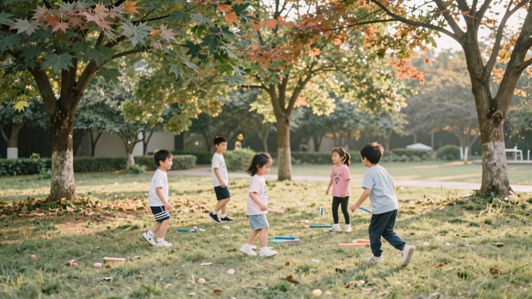 Wide panoramic view of children playing under mature maple trees in a grassy yard, soft warm golden hour light, candid, 35mm film style.