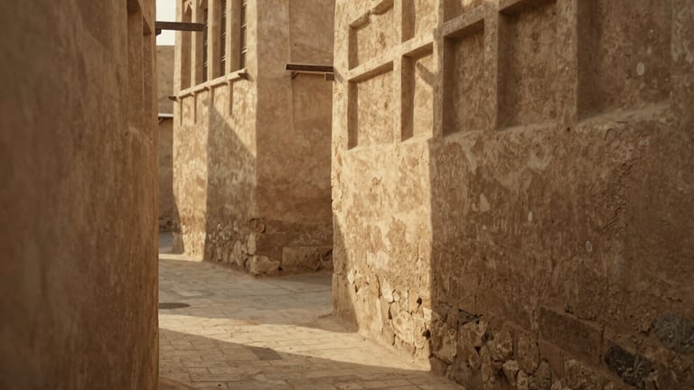 Warm editorial photography of a quiet, narrow stone alleyway in an ancient Middle Eastern quarter at golden hour. Soft natural side-light casting deep shadows on textured plaster walls. No people, rich earthy tones, 35mm film texture, shallow depth of field.