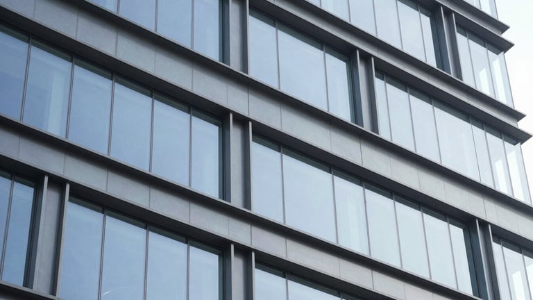 Close-up of clean architectural glass and steel surfaces in a modern corporate headquarters, bright natural daylight, cool blue and slate gray tones, sharp focus