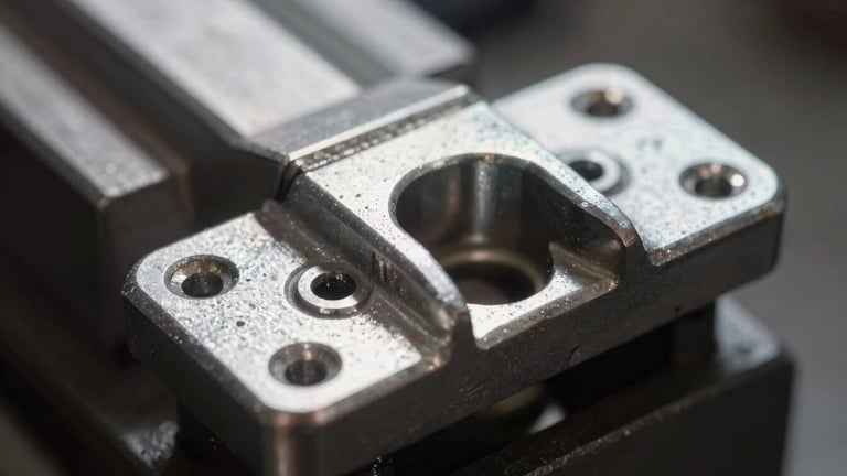 Extreme macro detail of a raw aluminum door pivot, showing the subtle circular milling patterns from the lathe, sharp side-light