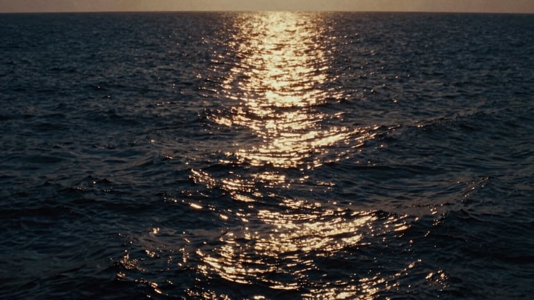 Cinematic film still of a dark ocean horizon with a single glowing golden light rising from the deep water, high contrast, dramatic side-lighting