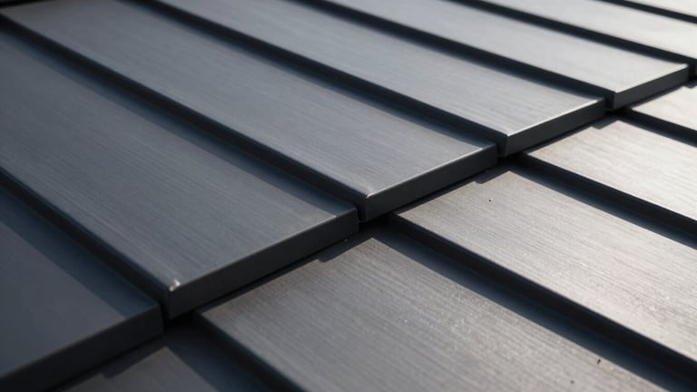 Macro photograph of a matte charcoal metal roof seam, sharp direct sunlight, deep linear shadows, high-contrast architectural detail.
