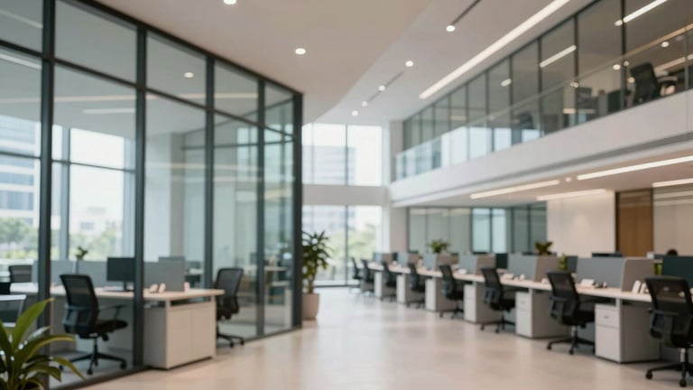 Wide panoramic view of a sleek, modern corporate office interior in Bangalore, glass walls, high-tech infrastructure, bright professional lighting.