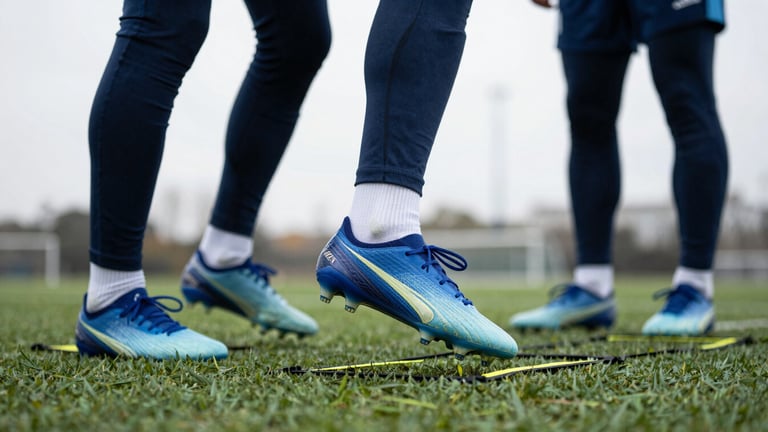 Close-up of athletic gear on turf, soccer cleats stepping on an agility ladder, high-contrast overcast daylight, professional training environment.