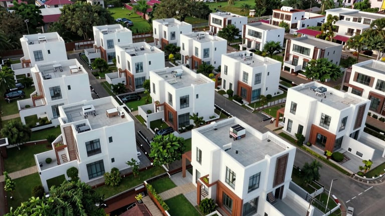 Wide panoramic drone shot of an organized premium villa community in Andhra Pradesh, modern white and terracotta structures surrounded by manicured green spaces.