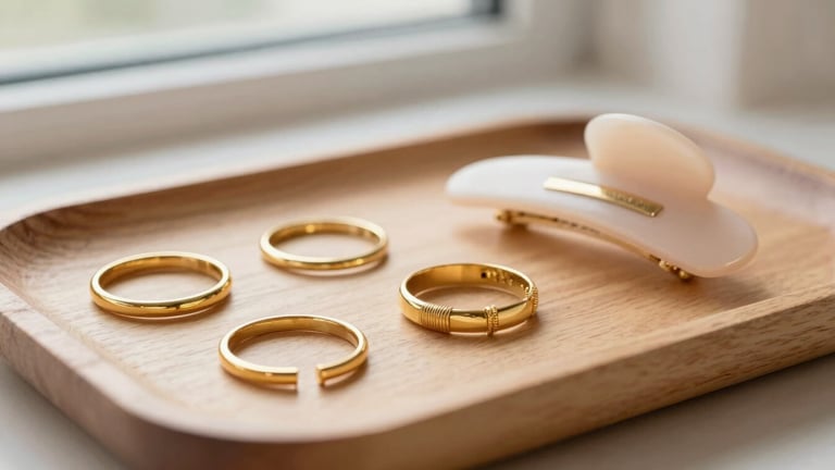 A curated arrangement of delicate gold rings and a pale blush hair clip on a natural wooden tray, soft morning light, shallow depth of field, 35mm