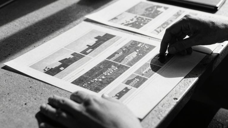 Extreme close-up of hands arranging stark black-and-white editorial layouts on a concrete table, harsh direct sunlight casting deep dramatic shadows, 35mm film grain.