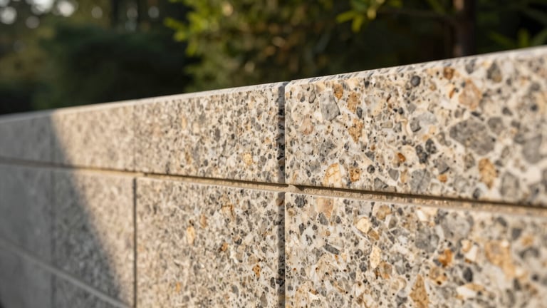 Tight macro shot of hand-dressed granite stonework joints on a custom retaining wall, natural side lighting highlighting the raw texture, professional architectural photography
