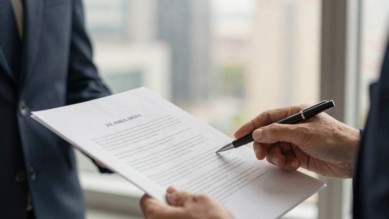 Elegant close-up of hands reviewing a sophisticated legal document with architectural lines of a modern city blurred in the background, soft natural window light, deep navy and warm champagne tones, shallow depth of field, 35mm.