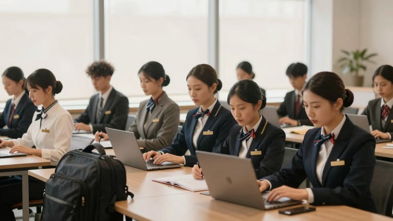 Wide shot of a diverse team of travel concierge agents working collaboratively in a modern, calm office environment, soft natural light, warm tones, focused and professional, seen from a distance, no faces clearly visible.