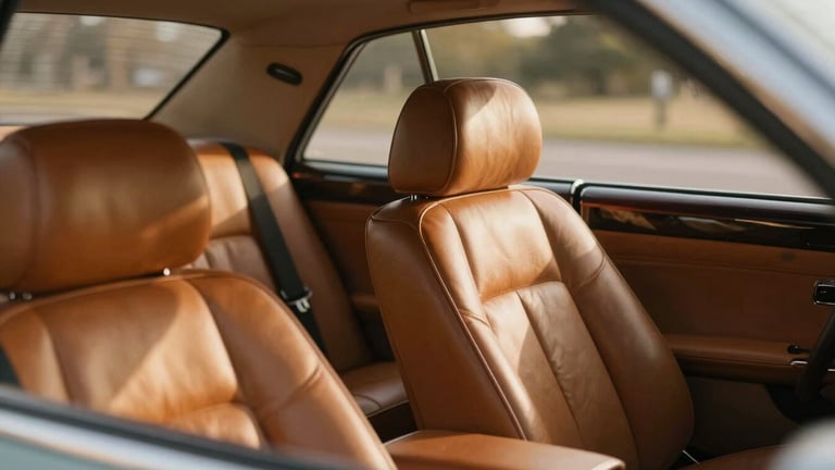 An elegant, empty luxury vintage car interior with warm leather seats, soft morning light filtering through the window, cinematic depth of field