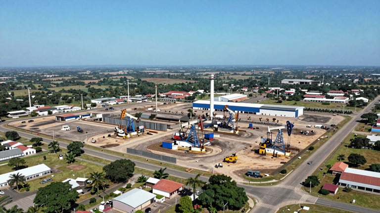 Wide panoramic aerial view of Gamba, Gabon, showing the oil terminal, Rabi Zone, and surrounding industrial areas under bright equatorial daylight, high-visibility colors, sharp focus, professional documentary style, 35mm lens