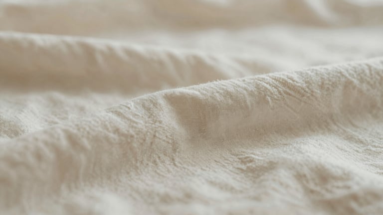 Extreme close-up of a soft organic cotton baby blanket texture in warm cream and muted sage tones, soft diffused natural light, minimalist abstract photography