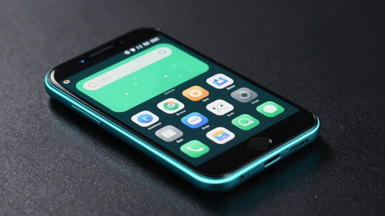 Angled isometric perspective of a high-fidelity Android device mockup showing clean system utilities, vibrant mint green accents, moody studio lighting with cyan rim lights