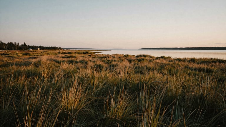 Wide panoramic Nova Scotia salt marsh at dusk, soft golden light, low horizon, weathered grasses, calm water reflecting the sky, quiet and authentic.