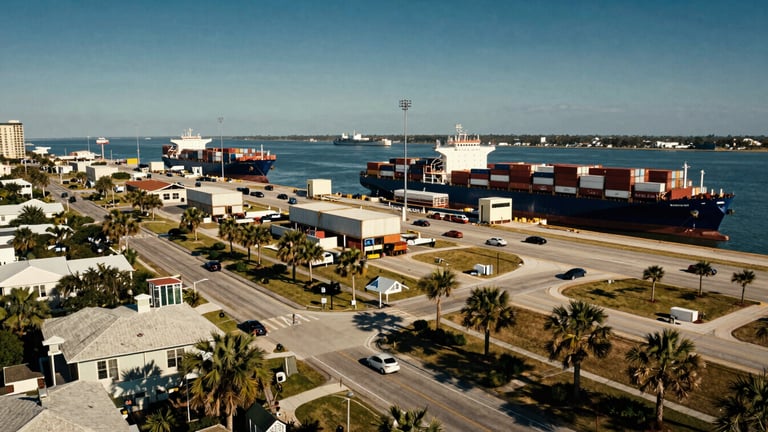 Wide aerial shot of Woodmere Drive in Jacksonville, Florida, showing proximity to large container ships at a deepwater port terminal, crisp morning coastal daylight, high-contrast, 35mm, deep navy and gold tones.