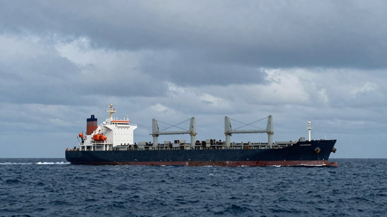 A massive cargo ship loaded with heavy machinery navigating open ocean under dramatic overcast daylight, deep steel blue tones, wide heroic framing, 35mm.