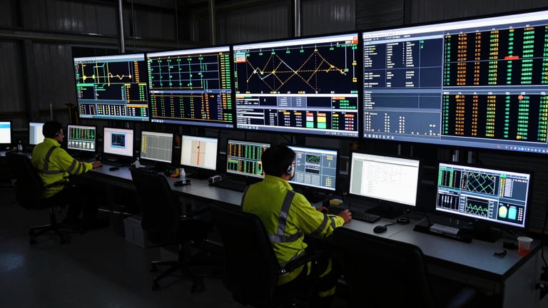 Industrial control room with high-contrast data screens glowing in a low-key environment, a technician in high-vis gear analyzing real-time telemetry feeds, sharp focus.