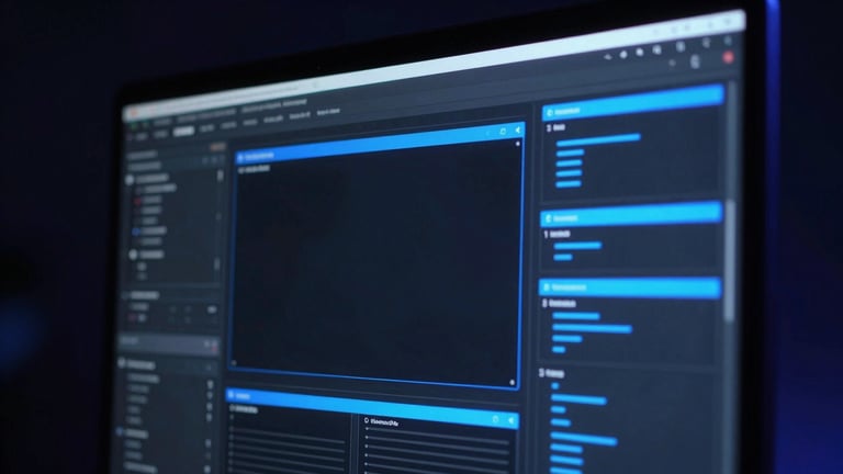 Dramatic close-up of custom UI wireframes on a high-end display, electric blue neon highlights, dark ambient background, sharp focus