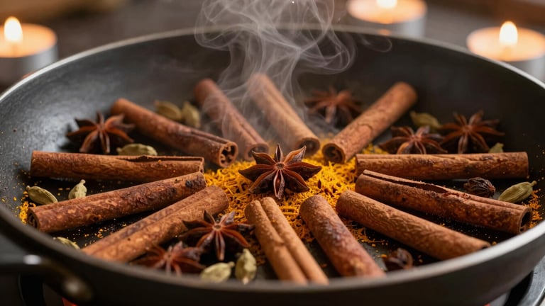 Wide panoramic shot of whole spices (cinnamon sticks, star anise, cardamom pods) being gently toasted in a large, shallow pan over low heat, steam rising, moody candlelit ambient light, rich saturated saffron and charcoal tones.