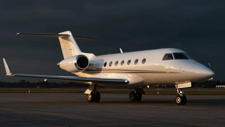 Cinematic wide shot of a private jet landing on an airport tarmac at golden hour, warm reflections on polished chrome, deep rich blacks, 35mm anamorphic lens.