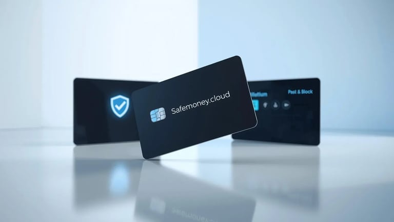Safemoney.cloud bank card with security shield and clean financial interface on a bright modern minimalist background.