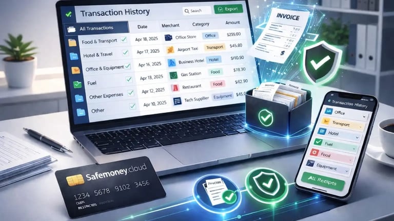 Safemoney.cloud dashboard showing organized transactions, scanned invoices, secure shield real-time expense tracking 