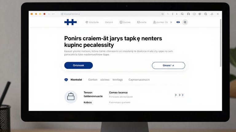 Wide tight crop of a Finnish e-commerce product page displayed on a monitor, showing a clean checkout UI with Finnish copy, photographed straight-on under diffused studio light with shallow depth of field