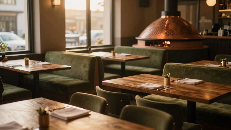 Cinematic wide-angle shot of the Watan Bakery dining room, soft golden-hour light streaming through windows, elegant wooden tables, olive green banquettes, empty and peaceful, 35mm