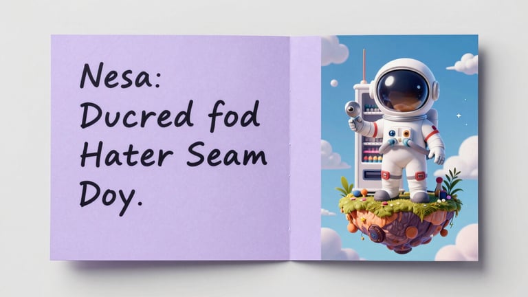 Flat-lay overhead shot of a handwritten prompt card on soft lavender paper next to a vivid printed thumbnail of a tiny cartoon astronaut hero on a floating vending-machine island, clean even studio light, no shadows
