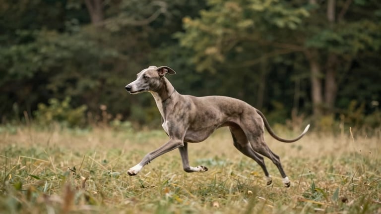 A sleek Italian Greyhound running gracefully through an open forest clearing, soft overcast light, deep green Sologne foliage background, editorial photography.