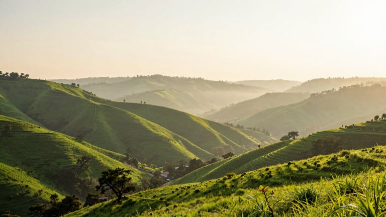Wide panoramic shot of the green Lonavala valleys at sunrise, soft golden light illuminating the mist-shrouded hills, editorial travel style