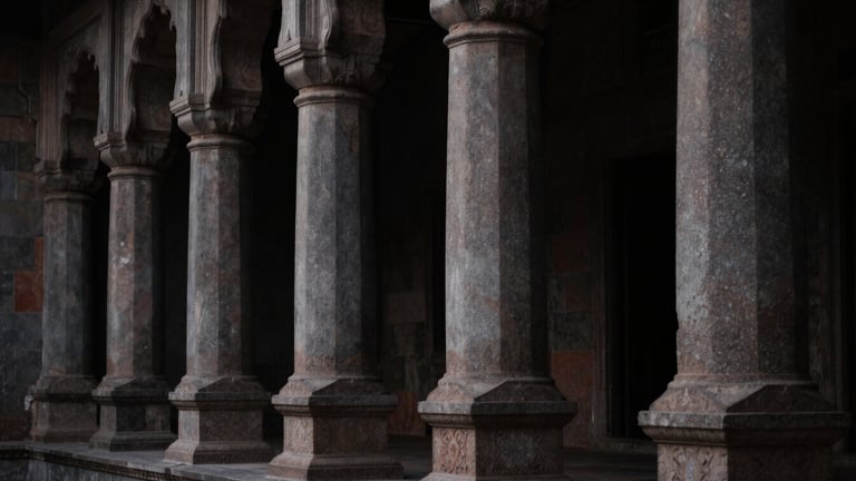 Low-key dramatic side-lighting on the stone pillars of a historic Indian institutional building, high contrast, deep shadows, 50mm