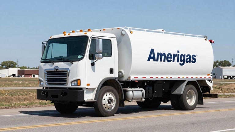 Crisp documentary photography of an Amerigas propane delivery truck driving down a clear road under bright daylight, industrial utility focus, 35mm lens.