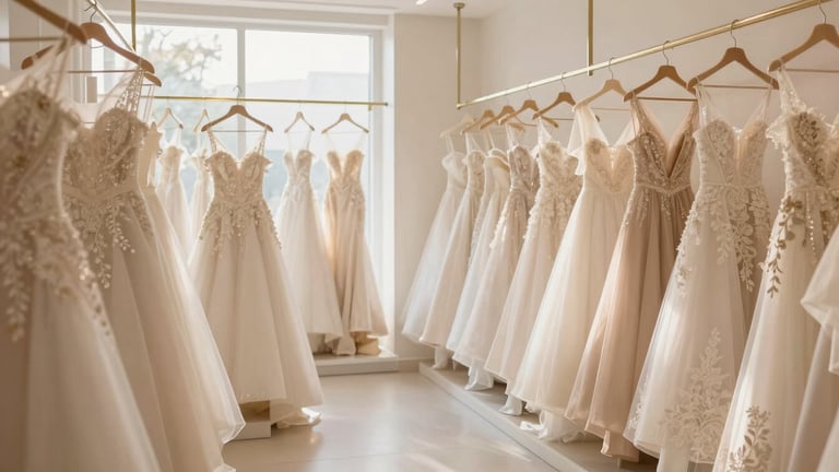 Elegant bridal photography, soft golden-hour window light, warm ivory and champagne tones, wide panoramic view of a bright, clean bridal design showroom with rolls of silk, lace samples, and finished gowns on hangers, shallow depth of field, 85mm