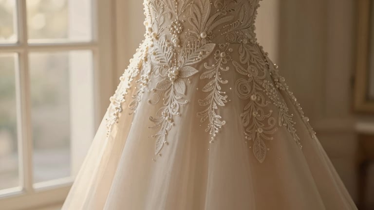 Close-up of a bridal gown's intricate lace embroidery with pearl details, soft golden-hour window light emphasizing texture, warm ivory tones, shallow depth of field, 85mm