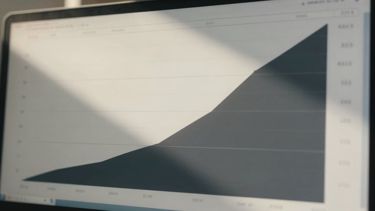 Wide panoramic 21:9 frame, extreme close-up of a stark off-white and deep charcoal digital interface showing exponential growth curves, sharp direct sunlight casting high-contrast shadows, clean architectural geometry.