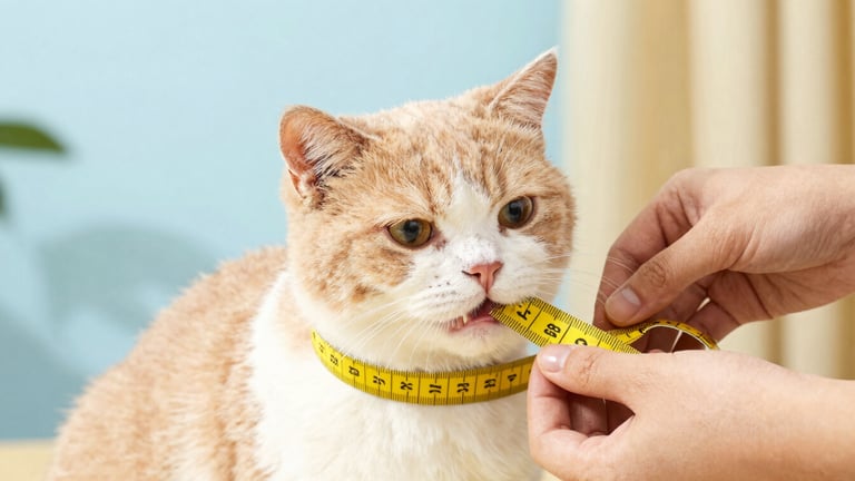 Warm daylight close-up of hands gently measuring a happy, calm cat with a yellow soft tape measure, showing the comfortable and loving process, bright and vibrant colors.