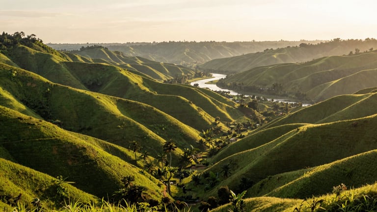 Panoramic view of the majestic green hills and valleys of South Solok at golden hour, a winding river visible in the distance, editorial documentary photography, warm natural daylight, rich green and gold tones, sharp focus, 35mm lens.