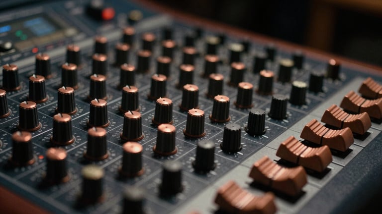 Close-up of a vintage analog mixing console with copper dials, soft warm low-key studio light, 35mm film grain