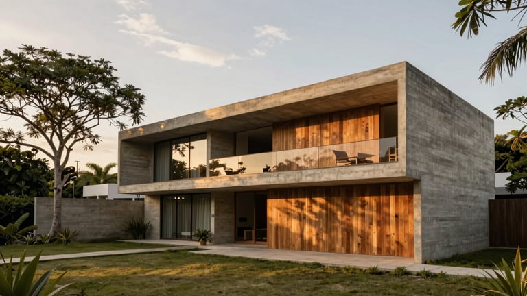 Wide angle architectural shot of a brutalist concrete residence in Costa Rica, integrated with native trees, soft golden hour light, warm earth tones, 35mm lens