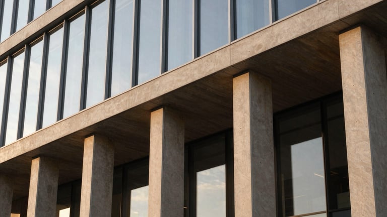 Architectural detail of a modern commercial office facade, glass panels reflecting the sky, concrete structural columns, warm afternoon light, 35mm lens