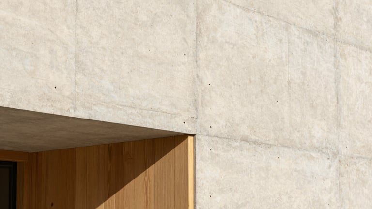 Close-up of a contemporary raw concrete wall junction with minimalist oak paneling, bright natural daylight highlighting the rich textures, architectural detail photography