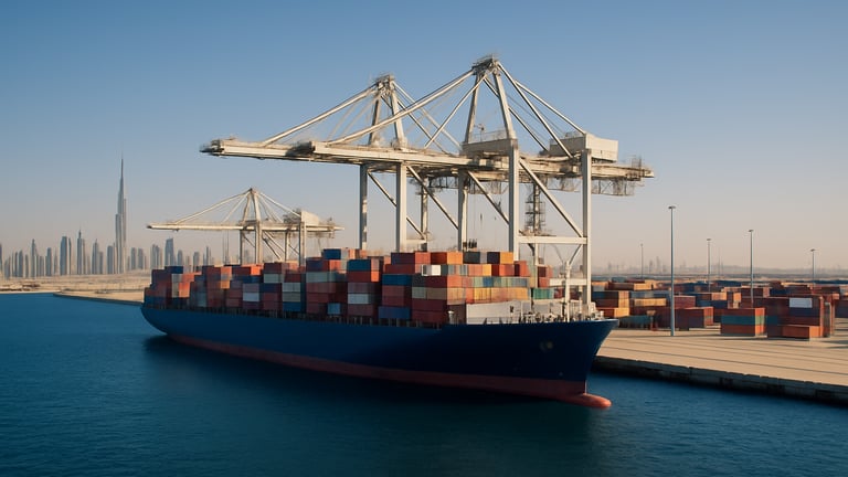 Wide environmental shot of trade infrastructure, massive container ship docked at a modern terminal in Dubai, deep navy sea, clear bright daylight, sharp 35mm lens