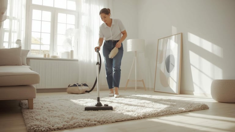 Professional house cleaning service vacuuming a carpet in a modern residential living room.