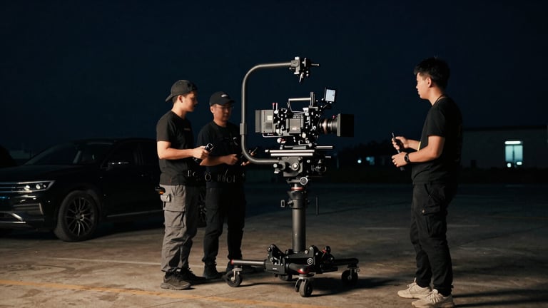 Wide panoramic shot of a professional camera crew operating a heavy stabilizer rig on an automotive commercial set, low-key lighting.