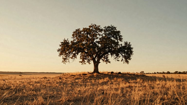 Wide panoramic view of the Texas landscape near Houston at sunrise, a solitary oak tree on a low hill, warm light across native grasses, and an expansive sky.
